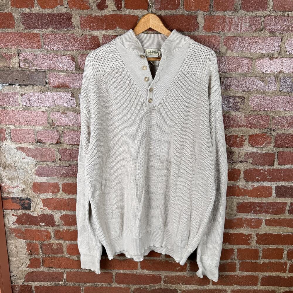 Vintage LL Bean Sweater Mens 2XL Tall Beige Button Mock Neck Ribbed Made USA 90s